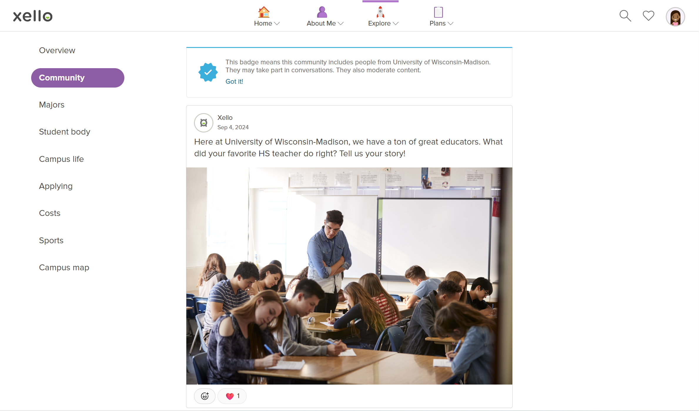 Student account in Xello on a college profile with the Community section open.